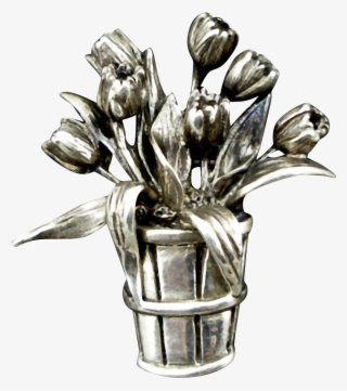 Vintage H&h Sterling Basket Of Tulips Brooch - Tulip