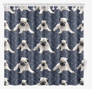 Pugs And Bones On Dark Blue Background Shower Curtain - Pug
