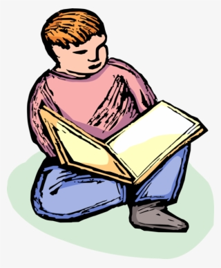 Vector Illustration Of Young Boy Learning To Read Book - Sitting