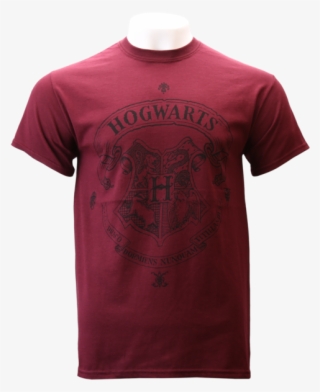 A Burgundy T-shirt Featuring The Hogwarts Crest On - Active Shirt