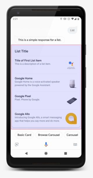 List Example - Google Assistant Rich Card