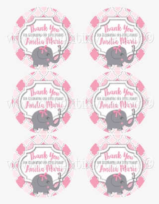 Pink And Gray Elephant 1st Birthday Sticker Tag - Circle