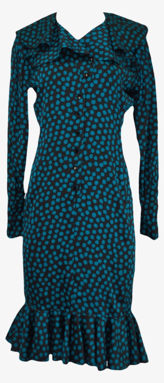 80's Black And Blue Ruffled Polka Dot Button Up Dress - Dress