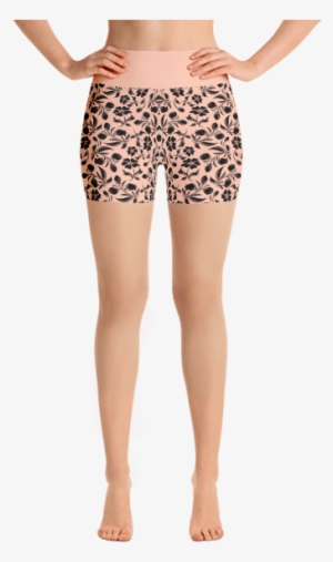 Black Flowers Yoga Short Pants With A Small Inner Pocket