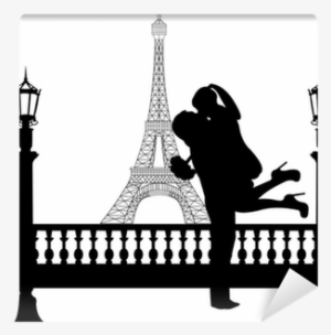 Couple In Love With Flowers In Front Of Eiffel Tower - Silhouette Of Couple Kissing In Paris