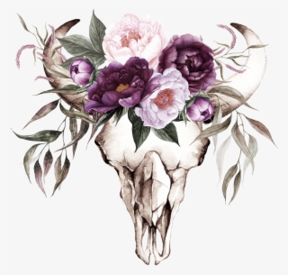 Cow Skull With Purple Flowers Transfer - Plum Color Floral Wedding Invitations