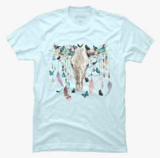 Butterflies Crystals And Flowers On A Cow Skull - T-shirt
