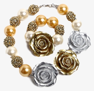 Silver & Gold Rose Necklace & Bracelet Set - Pearl