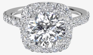 French-set Halo Diamond Band Engagement Ring - Round Halo Pave Engagement Rings
