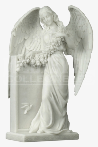 Mourning Angel Holding Flowers At A Tombstone Statue - Mourning Cross With Angels