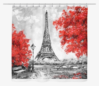 Paris In Red Shower Curtain - Eiffel Tower Paris Painting Black And White