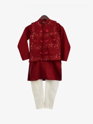 Maroon Embroidery Jacket With Kurti And Churidar - Velvet