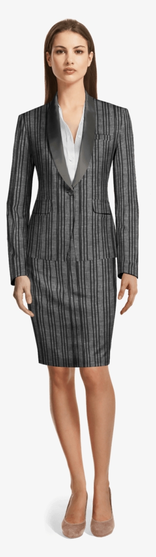 Black Striped Linen Skirt Tuxedo-view Front - Velvet Suits For Women
