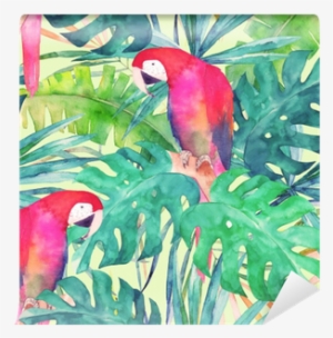 Summer Seamless Pattern With Watercolor Parrot, Palm - Watercolor Painting