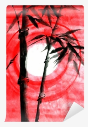 Watercolor Ink Japanise Bamboo On Sunset Wall Mural - Watercolor Painting