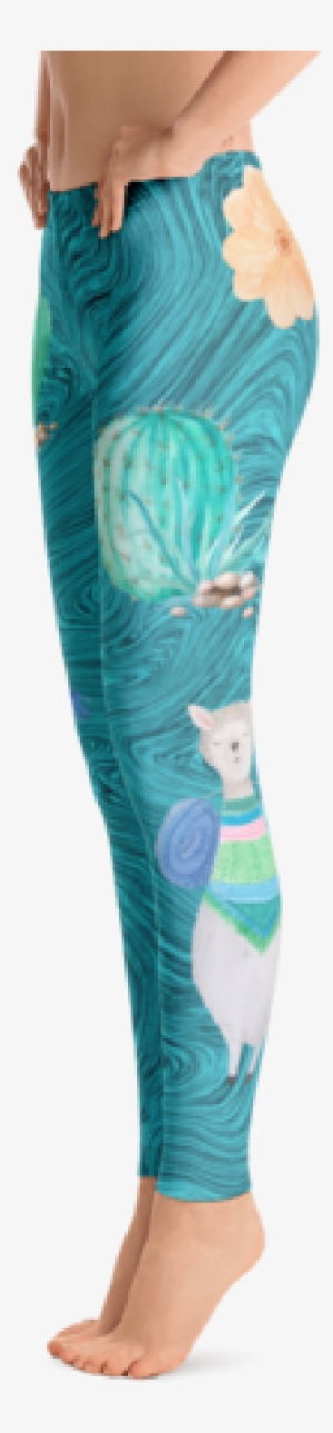 Boho Watercolor Llama & Cactus Turquoise Marble Print - Leggings