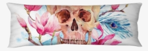 Watercolor Human Skull And Pink Flowers Magnolia Body
