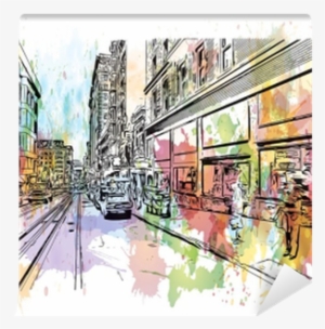 Watercolor Splash With Sketch Of Street San Francisco, - Painting