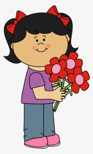 Girl Holding Valentine's Day Flowers Clip Art - Girl With Flowers Clipart
