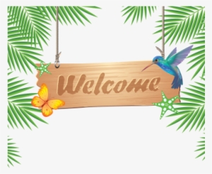 Welcome Wooden Hanging With Tropical Leaves, Welcome, - Welcome Tropical