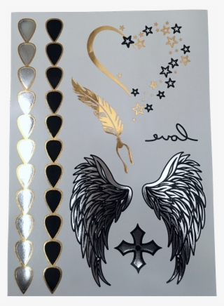 New Metallic Gold Silver And Black Angel Wings Arm - Stars With Angel Wings Tattoos