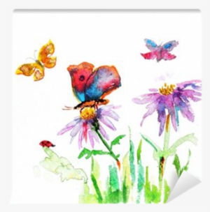 Watercolor Drawing Of A Flower With A Butterfly Wall