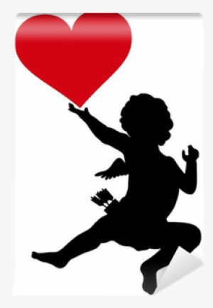 Cupid With Red Heart Vector Silhouette Wall Mural • - Silhouette