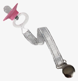 Pacifier Clip White & Silver Ribbon Fabric Attaches - Key