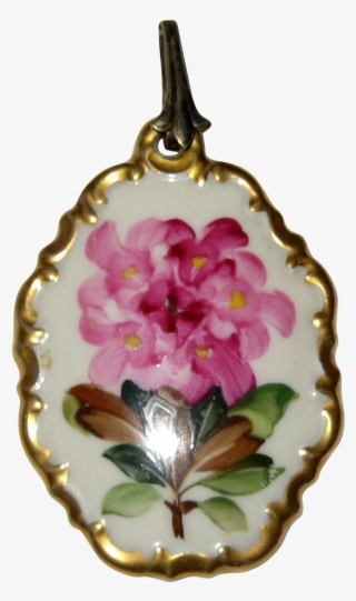 A Vintage Porcelain Pendant Painted With An Azalea - Locket