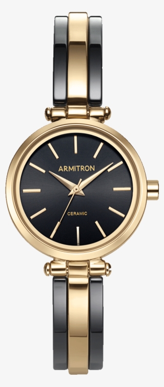 Two Tone Analog Watch With Black Ceramic And Gold Bangle - Watch