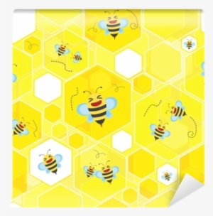 Seamless Vector Background, Cute Bee On Honeycomb Background - Illustration