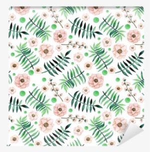 Watercolor Green Dots, Ferns And Light Flowers Wall - Watercolor Painting