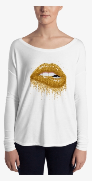 Ladies' Glitter Gold Sparkles Lips Long Sleeve Tee - Long-sleeved T-shirt