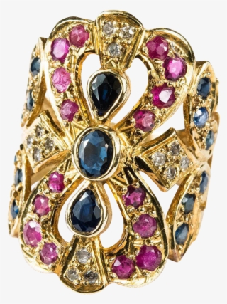 Sapphire Ruby Diamond Ring 750 18k Gold Filigree Wide - Diamond