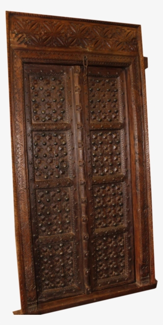 Antique Indian Carved Wooden Door With Metal Fittings - Door