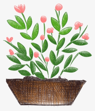 Plantas Pintadas A Mano Flores Frescas En Maceta Png - Flowerpot