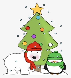 Penguin, Polar Bear, And Christmas Tree In The Snow - Winter Christmas Clip Art