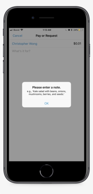 A Pop Up Asking User To Enter Note If They Try And - Mobile App