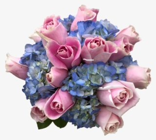 1 Bridal Bouquet With 8 Pink Roses And 5 Blue Hydrangeas - Garden Roses