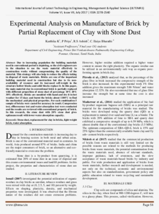 Experimental Analysis On Manufacture Of Brick By Partial