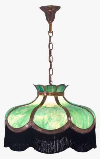 Antique Bent Green Slag Glass & Brass Hanging Light - Ceiling Fixture