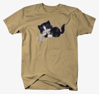 Cute Little Kitten Holding Down Mouse By The - Shirt
