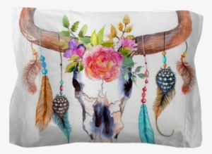 Watercolor Bull Skull With Flowers And Feathers Pillow - Boho Bull Skull Png
