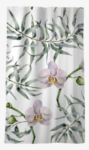 Watercolor Tropic Pattern With Eucalyptus And White - Moth Orchid