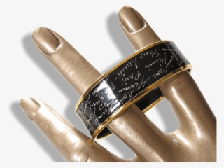 Hermes Black/white Enamel Gold Trim Ecriture Wide Bangle - Ring