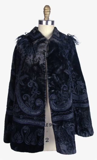 Victorian Black Plush Cape Beaded With Fur Trim On - Overcoat