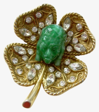 Carnegie Asian 'jade' Princess & Four Leaf Clover Brooch - Emerald