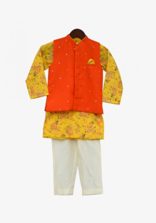 Orange Nehru Jacket With Printed Kurta & Churidar - Churidar