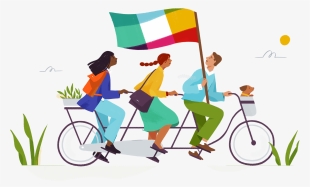 Illustration Of Three People Riding On A Tandem Bicycle - Slack Illustration Alice Lee