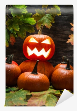 Jack O Lantern On Pumpkins Pile With Leaves Wall Mural - Stingy Jack